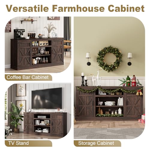 XVD-66-Farmhouse-Coffee-Bar-Cabinet-with-Charging-Station-Sideboard-Buffet-Cabinet-with-Large-Storage-Wood-Buffet-Storage-Cabinet-with-Adjustable-Shelves-for-Kitchen-Living-Room-Brown XVD 66 Farmhouse Coffee Bar Cabinet with Charging Station Sideboard Buffet Cabinet with Large Storage Wood Buffet Storage Cabinet with Adjustable Shelves for Kitchen Living Room Brown