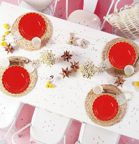 Image of HEIPINIUYE 50 Pieces Red Paper Plates with Gold Foil 7 Inch Disposable Red Scalloped Dinner Plates for Wedding Baby Shower Birthday Party Dessert Plate
