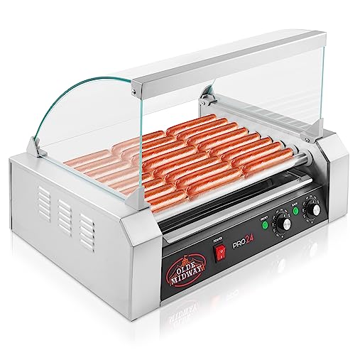 Olde Midway Electric 24 Hot Dog 9 Roller Grill Cooker Machine with Cover 1200-Watt - Commercial Grade