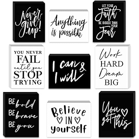 Yulejo 9 Pcs Mini Inspirational Wooden Signs Office Desk Decor Valentines Day Gifts Positive Motivational Quotes Table Decor Bathroom Shelf Decors Cheer up(Black, White, 3.5 x 2.5 x 0.47 Inch) Cover