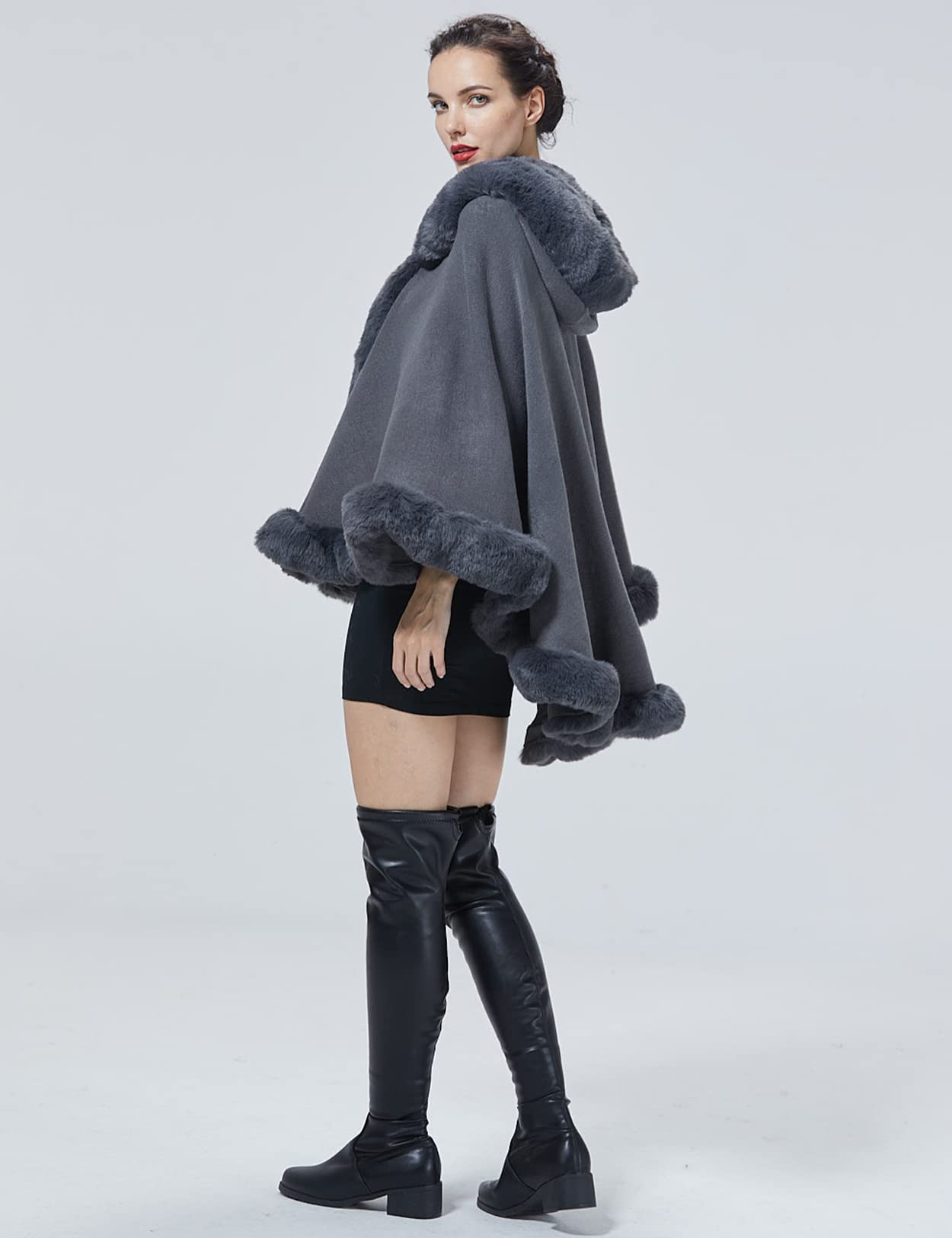SUFCOMOU Poncho Hooded Shawl Wrap Women Cape Winter Faux Fur Trim Coat Sleeveless Cardigan Dressy Cloak for Party: One Size Grey