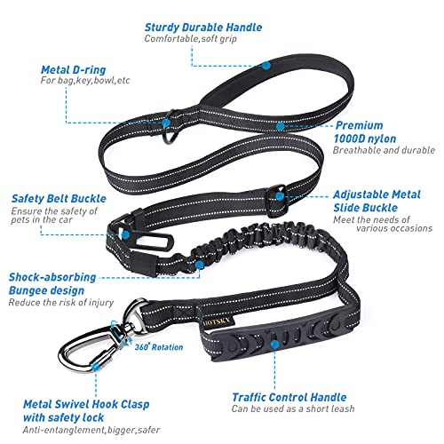 Hotsky Dog Leash For Large Dogs, Heavy Duty Tactical Dog Leash Rope With Control Handle Car Seatbelt Highly Reflective Threads, 4Ft 6Ft Retractable Bungee Dog Leash Tether With For Training, Black #TOP1