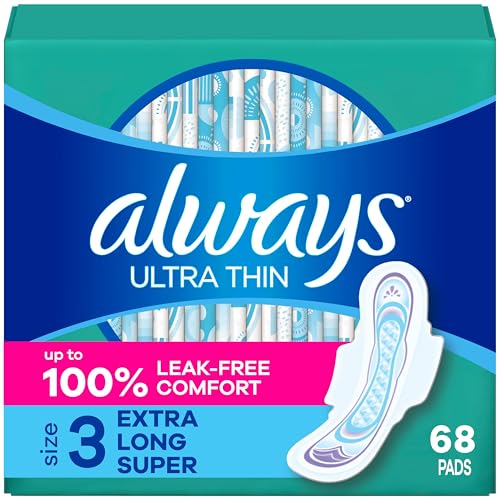 Image of Always Ultra Thin Feminine Pads with Wings for Women, Size 3, Extra Long Super Absorbency, Unscented, Up to 100% Leak-Free Protection, 68 Count