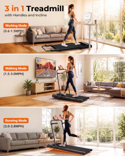Image of Superun 3 in 1 Under Desk Treadmill with Handrails and Incline, Portable Folding Walking Pad for Home Office, 2.5 HP Quiet Mini Treadmill with LED Display & Remote, 300 Lbs Capacity, Dark Black