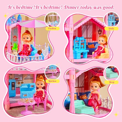 Image of 4-Story Doll House Large DIY Playhouse for Girls, Little Girl Dream House with Furniture, Animals Play Area & 2 Princesses Slide, Creative Construction Toy for Birthdays & Christmas