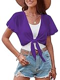 ZAFUL Women Tie Front Chiffon Shrug Short Sleeve Cropped Sheer Bolero Shrug Cardigan Purple S