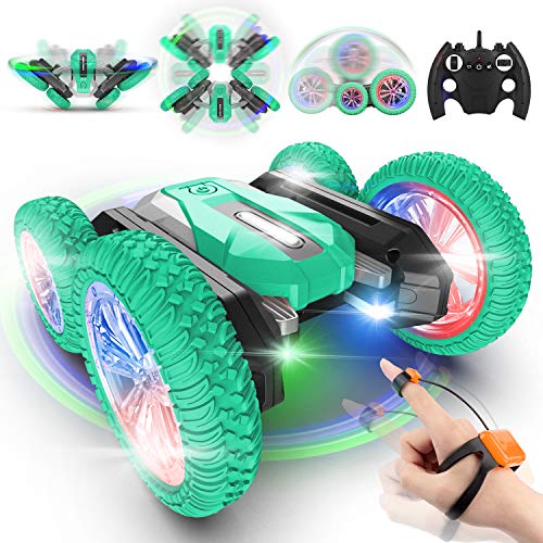 DODENSHA Remote Control Car Toys for Kids RC Stunt Cars, Double Sided 360°Rotating RC Cars with Demo Mode Music & Led Lights Control,Toy Gifts for Boys & Girls (Green)