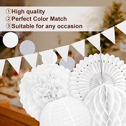 Minicoco Wedding Party Decoration, 20 PCS White Tissue Paper Pompoms Set with Honeycomb Ball Paper Lantern Fans & Triangle Bunting Flag for Birthday Party Wedding Bridal Baby Shower Engagement Party