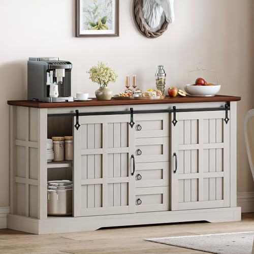 DWVO 59" Kitchen Storage Cabinet, Sideboard Buffet Cabinet with Storage, Sliding Barn Doors and 4 Drawers for Living Room/Kitchen, White Oak