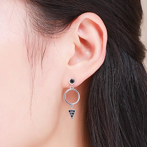 WOSTU Asymmetrical Triangle Earring 925 Sterling Silver Black Geometric Circle Drop Earring with Cubic Zirconia Mismatched Hypoallergenic Dangle Earring Dainty Stud Earrings for Women Girls Jewelry3