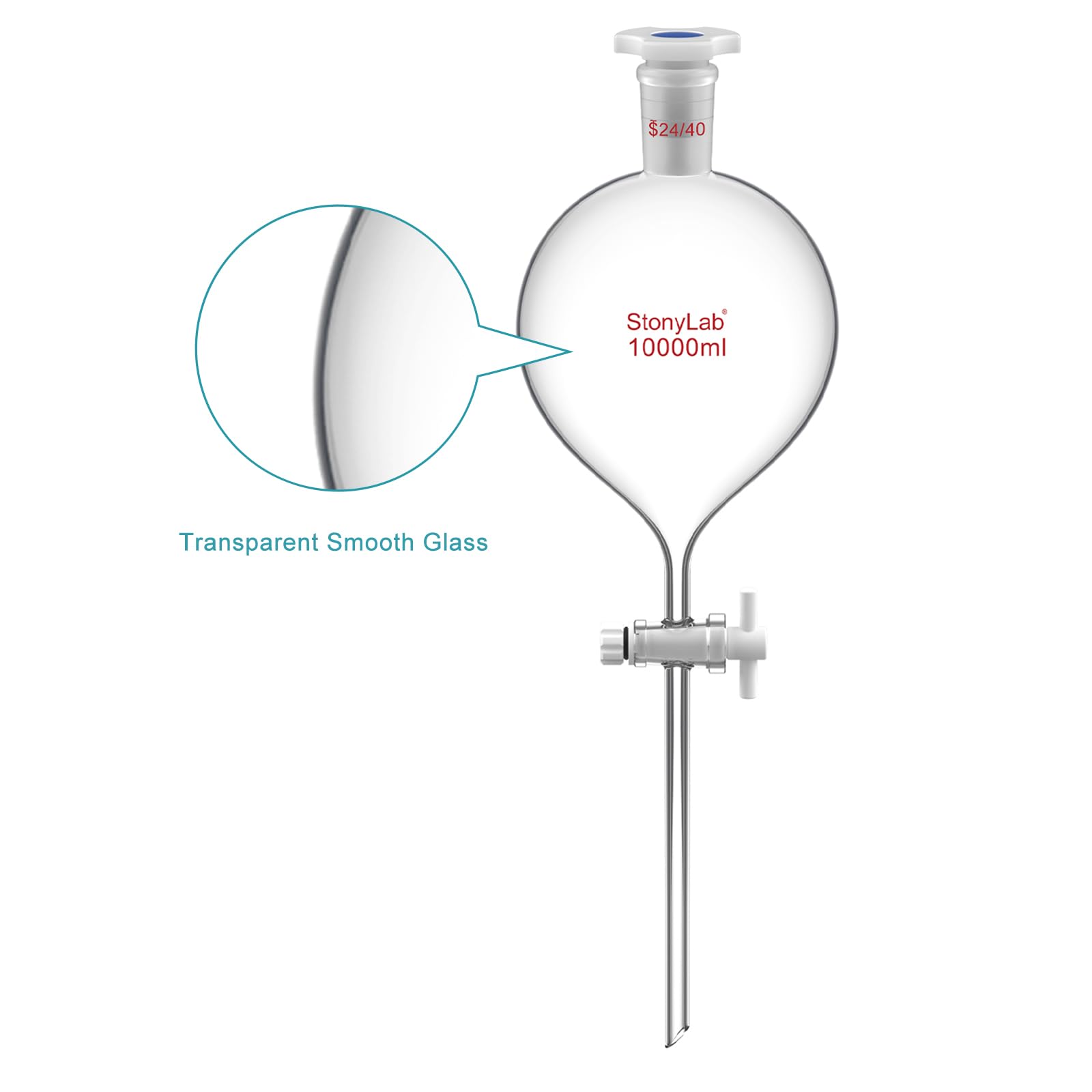 stonylab 1000 mL Scheidetrichter mit 24/40 Schliff & Ptfe-hahn, Borosilikat 3.3 Glas, Sphärisches Design für Flüssigkeitsextraktion & Lösungsmitteltrennung, Inklusive Kunststoffstopfen (1-packung)