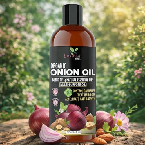 Image of Luxura Sciences Onion Hair Oil 250 ML with 14 Essential Oils, Multi-Purpose Hair Growth Oil /Serum For Complete Hair Treatment with Argan, Bhringraj, Hibiscus, Sesame,Amla,Sweet Almond, Olive and more.