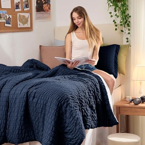 Image of HYMOKEGE Navy Blue /Light Grey Twin XL Comforter Set Seersucker 5 Pieces, All Season Luxury Bed in a Bag for Bedroom, Bedding Set with Comforter, Sheets, Pillowcase & Sham