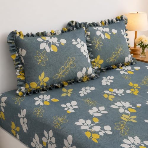 Image of King Size Fitted Bedsheet for Double Bed | 300 TC Cotton Feel Microfiber | All Around Elastic with 2 Frill Pillow Covers | Soft & Durable | (GreenYellowFrill, Fitted -60x78 Queen)