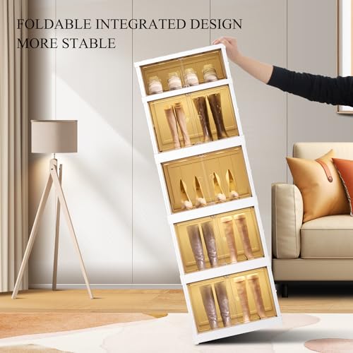 Image of CIMLORD 5-Tier Foldable Shoe Rack Organizer for Boots, 10 Pairs, White | Collapsible Narrow Plastic Shoe Cabinet Storage, Fits Tall Boots, Stackable with Lids, Easy Assembly, for Closet & Entryway