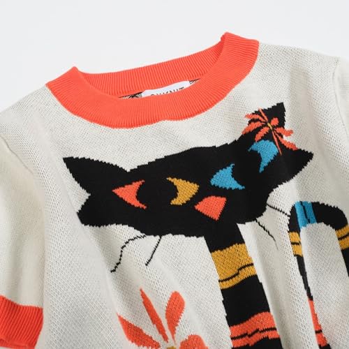 Women's Knitted T-Shirt, 1960s Mod Style Painted Cat Crewneck Cotton Short Sleeve Beige3