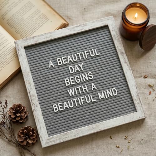 Image of Rustic Gray Felt Letter Board 10x10 with Stand, Wall Mount, 336 Letters | Professional neutral letter board for home, entryway, office and classroom, with 336 letters, stand and wall mount