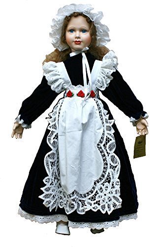 Porcelain Doll Victorian Country Girl 30 inches Standing with Navy Blue Dress and White Apron and Cap, Reminiscent of a Housemaid from The Victorian era