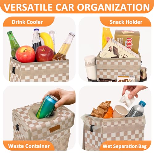 Image of Vankor Car Trash Can Bin with Lid Hanging for Back Seat, Car Accessories for Women Men Leak Proof Automotive Garbage Cans Leakproof Vehicle Trash Can for Truck SUV,Khaki Checkered
