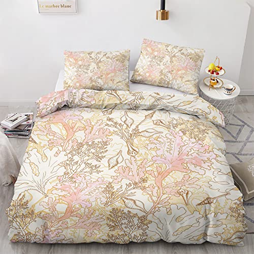 YIKODA Housse de Couette 220x240 Corail, Océan Réversible Doux Parure de Lit en Microfibre 2 Personnes avec Fermeture éclair et 2 Taie d'oreiller 65x65 cm