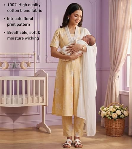 Image of DUMMY SHAPE Maternity Dresses for Women Cotton | Floral Kurta Pant Dupatta Set with Nursing Zippers, Side Pocket | Pre & Post Pregnancy | Feeding Kurti Suit | Baby Shower | Gifts for Pregnant Woman