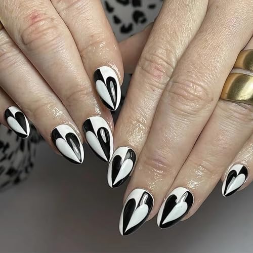 MERVF Medium Press on Nails Almond Fake Nails Press ons French Tip Glue on Nails Heart White and Black Gothic Stiletto Acrylic False Nails with Color Blocking Splicing Design Glossy 24pcs
