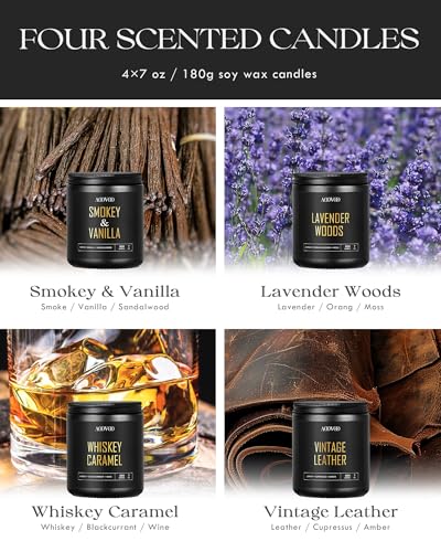 Image of AOOVOO Scented Candles for Men - 4 Pack Candles for Home Scented, 28oz Soy Wax, 200 Hour Burn Time, Men Candle Set, Leather /Smoke & Vanilla /Whiskey Caramel /Lavender Candle Set