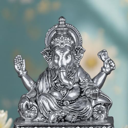 Image of Artarium Brass Vighnaharta Lord Ganesha Statue Car Dashboard (Height 4 inch), Small Ganpati ji Murti for Car Accessories, Home Decor, Office Gifting and Pooja Room (Silver Finish)