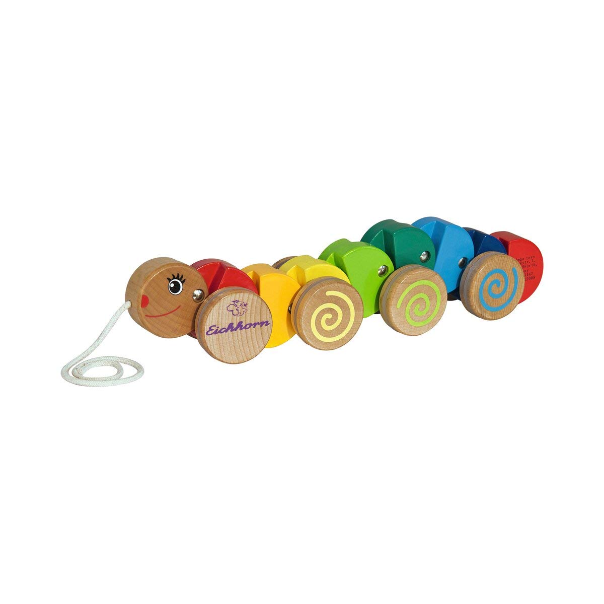 100003447 Nachziehtier-100003446 Pull-Along Caterpillar with Movement, 32 cm Long, Beech Wood, Colourful