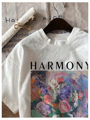 Image of RoseSeek Women's Graphic Letter Tee Crew Neck Drop Shoulder Trendy Summer T Shirt Short Sleeve Vintage Car Print Top
