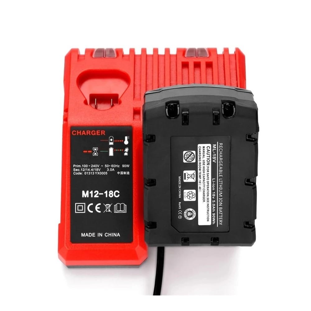 M12-18C Caricabatteria agli ioni di litio compatibile for Milwaukee 12 V 14.4 V 18 V C1418C 48-11-1815/1828/1840 M18 M14 M12 Batteria al litio(UK Plug)