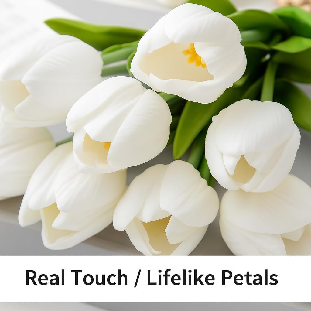 Floral Kingdom White Artificial Tulips Flowers in Glass Vase with Faux Water – 9 Stems Real Touch Tulip Centerpiece for Table, Entryway & Home Decor