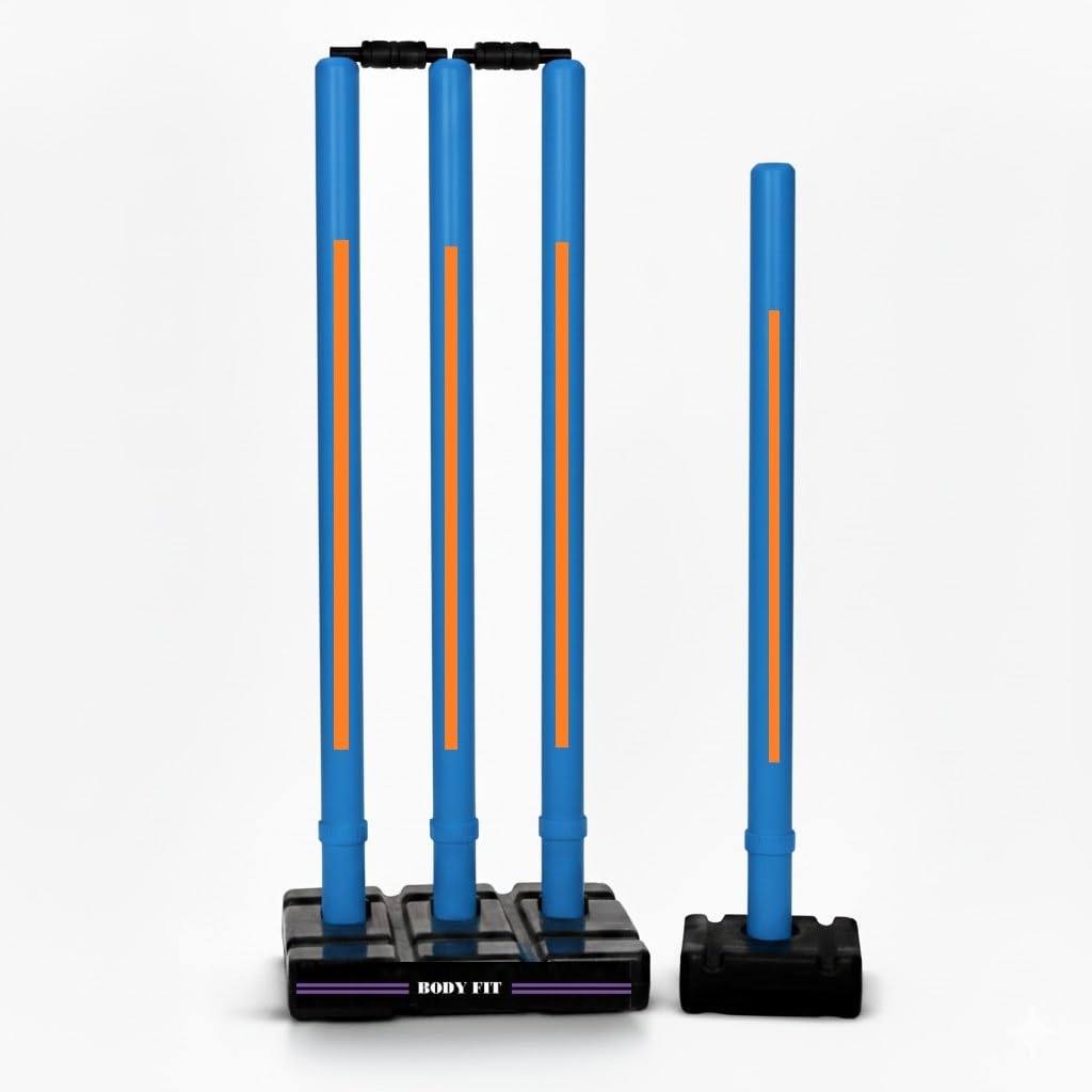 Bodyfit Heavy Cricket Stumps | PVC Wickets Set with 4 Stumps + 2 Bails + 2 Stands | Full Size Wickets for Cricket Ground, Tournament Wicket, Floro-Blue-Ora.-image-32