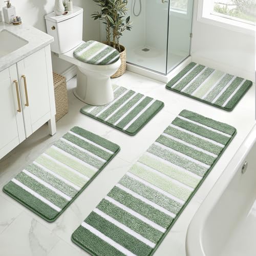 Yamaziot Sage Green Bathroom Rug Set 5 Piece Washable Non Slip Striped Mat