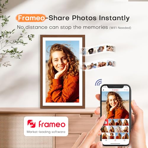 Image of Digital Picture Frame, 15.6 Inch Frameo Digital Frame WiFi Large Display | 1920*1080 IPS FHD Touchscreen, 32GB, Wall-Mountable, Share Picture Video, Electronic Photo Frame, Mom Gifts, Teak Woodgrain