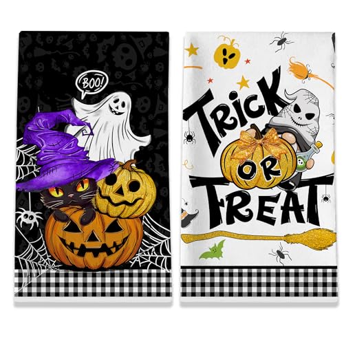 Unibyby Toallas de cocina de Halloween, juego de 2 toallas de calabaza de Halloween, paños de cocina para cocina con gato negro y fantasma, decoración a cuadros para el hogar, 18 x 28 pulgadas