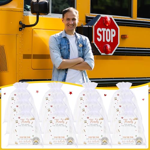 Image of Quelay 24 Sets Bus Driver Appreciation Gifts Includes Bus Driver Lapel Pin Brooches Thank You Card Organza Bags for Retirement Custodian Appreciation Gifts