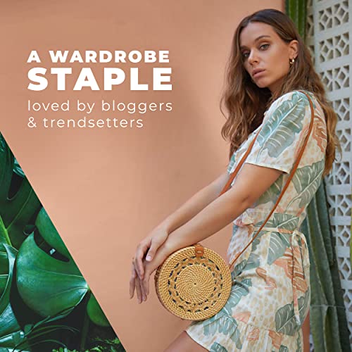 Novum Crafts Round Rattan Bag for Women - Handmade Straw Bags - Wicker Purse - Brown White Circle Crossbody Boho Bags4