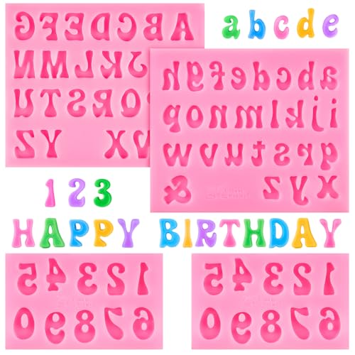 CLUEWR 4 PCS Silicone Letter Molds, Non-Stick Number and Letter Fondant Molds for Chocolate, Candy, Cake Decoration, Cupcake Topper