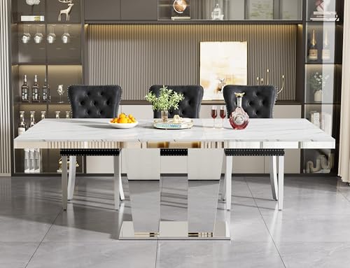 Image of 63-94.5 inch Large Extendable Dining Table for 6 8 10 Modern Faux Marble Kitchen Table Large Rectangular Expandable Conference Dinner Table with White Marble Top & Mirrored Double Columns Base