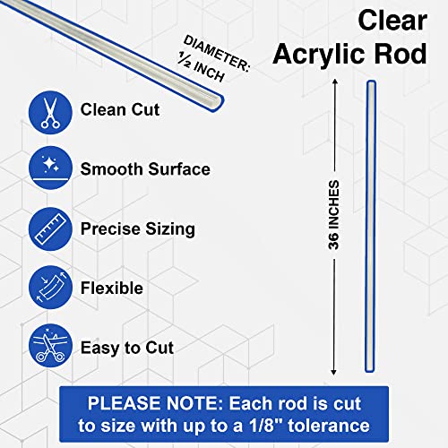 Duco USA-Made 1/2" Clear Acrylic Rods - 1 Pack of 36 Inch Plastic Dowel Rods for Crafts, Cake Topper Sticks, DIY Models, Acrylic Poles, Plant Stakes - Shatter-Resistant Clear Plexiglass Rods - Image 2