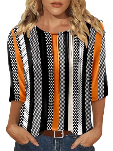 KISSMODA Tunic Tops for Women Loose Fit Dressy Round Neck Pleated 3/4 Length Sleeve Spring Tops