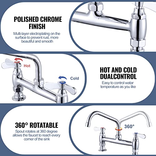 Iviga Commercial Sink Faucet With 8” Swivel Spout & Supply Lines, 8" Center Deck Mount Kitchen Faucet, Dual Handles Brass Utility Sink Faucet For Laundry Room Restaurant Compartment Sink, Polish #TOP5