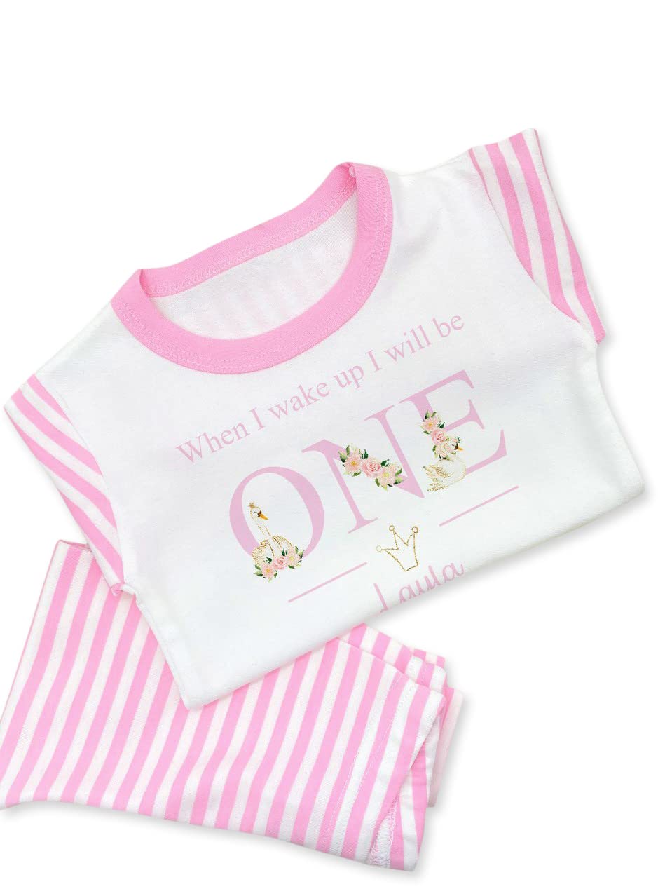 allaboutthebump Personalised Girls Majestic Swans Pink Stripe Birthday Pyjamas When I Wake Up I Will Be... 1 2 3 4 5 6 (Baby Toddler Child Cotton Birthday PJs)