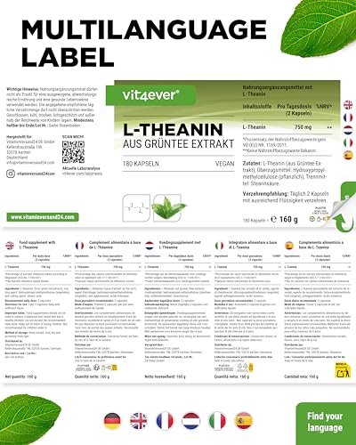 L-Theanin - 180 Kapseln - 750 mg pro Tagesportion - Aus natürlichem Grüntee Extrakt - Hochdosiert - Vegan