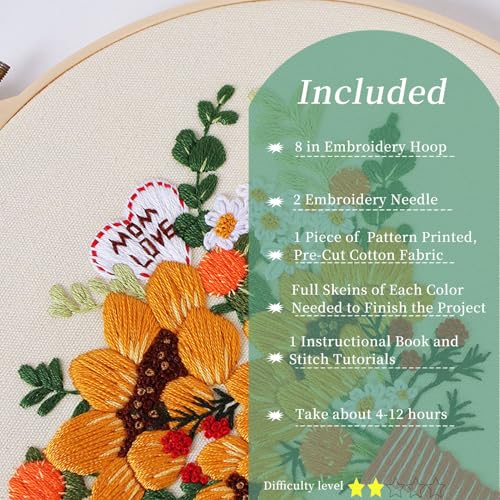 Image of FONNUY Bouquet Flowers Embroidery Kit Love Mom for Beginners, Pre-Stamped Pattern Kits for Adults with Hoop, Easy to Follow Color Thread Needlework, 8'' Hoop (Sunflowers)