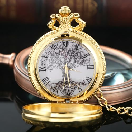 Image of Tiong Pocket Watch Hollow Tree of Life Design Roman Numerals Engraved Bible Verse Quartz Pocket Watch with Chain Custom Pocket Watch Birthday Gifts