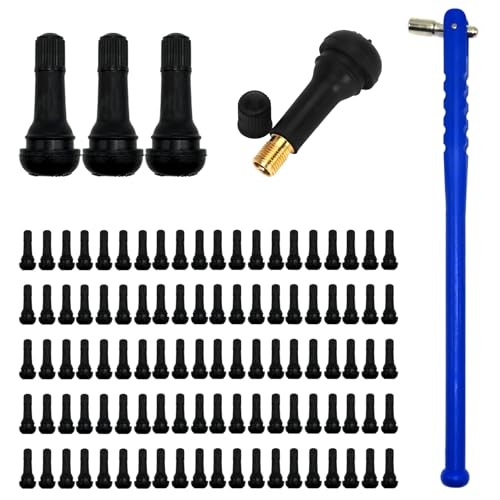 Tr413 Tire Valve Stems and Valve Stem Installer,Tubeless Rubber Snap-in Valves for 0.453 Inch Rim Holes,Standard Length Replacement Tool for Vehicles(101Pcs)