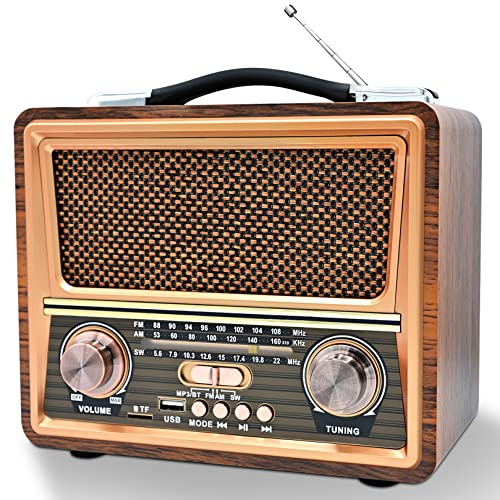 Radio Portables, Sentasi Radio Vintage Bluetooth FM/AM SW, Radio Bluetooth Vintage Classic Design en Bois Support USB/TF, Radio Portable Convient pour Les Cuisines De La Maison Et du Bureau