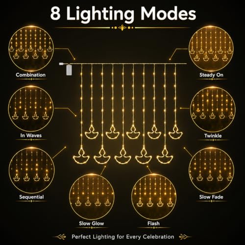 Image of Desidiya Diya Curtain LED Lights | 10 Drops Warm White Fairy Lights | 111 bright SMD LEDs with elegant diya curtain design for festive decoration.